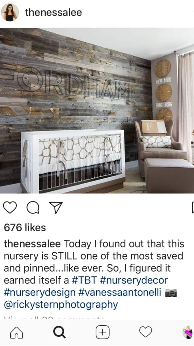 A nursery idea featuring wood wallpaper in Fordham Rosenbaum's baby nursery