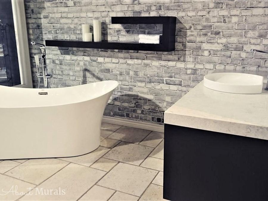 Old Brick Wall Mural Black and White, as seen in this bathroom, features gray faux bricks. Grey brick wallpaper sold by AboutMurals.ca.