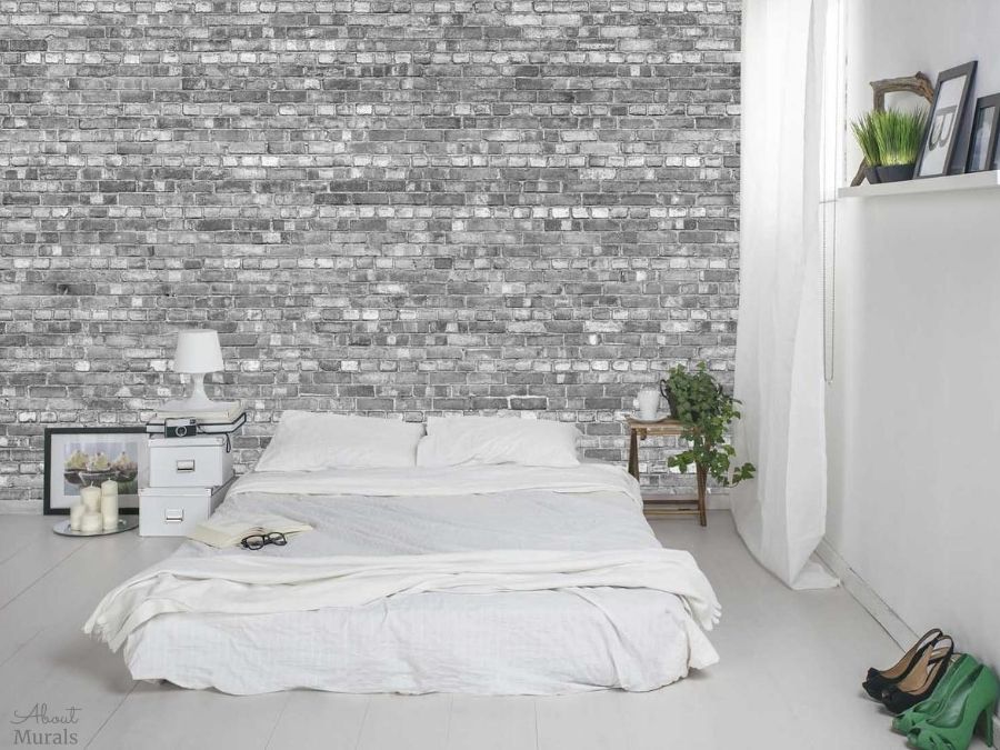 Old Brick Wall Mural Black and White, as seen in this bedroom, features grey faux bricks. Brick wallpaper sold by AboutMurals.ca.