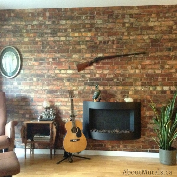 Brown Brick Wallpaper, as seen in this manly living room, is a brick wallpaper sold by AboutMurals.ca.