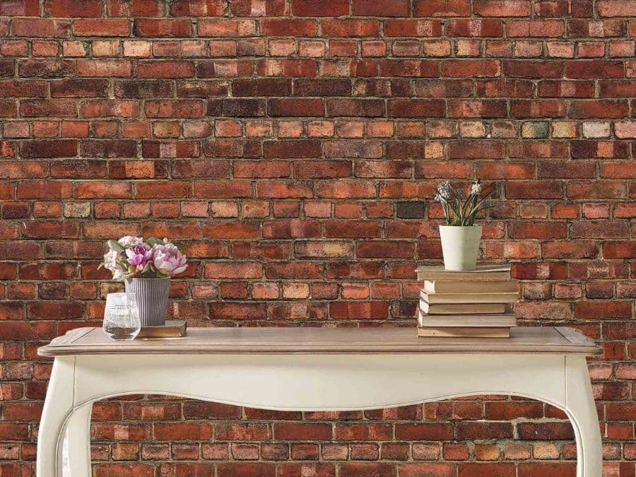 Old Brick Wall Mural, as seen in this office, is a red brick wallpaper created from a photo that is realistic and full of texture from About Murals.