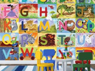 Alphabet Wallpaper, as seen on the wall of this kids room, features the letters of the alphabet with a corresponding animal or toy from About Murals.