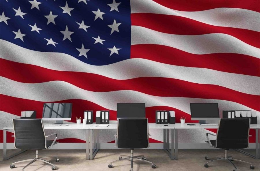 American Flag Wallpaper, as seen on the wall of this office, features the famous stars and stripes blowing in the wind from About Murals.