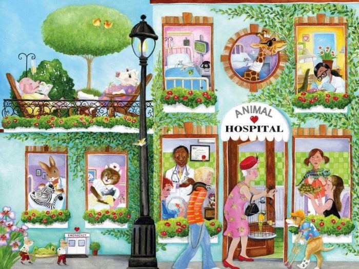 Animal Hospital Wall Mural is a veterinary wallpaper for kids featuring a cow, pig, giraffe, mouse, alligator, zebra, bunny rabbit, cat, dog, turtle, bird and lizard from About Murals.
