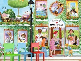 Animal Hospital Wall Mural, as seen in this kids room, is a cute vet wallpaper featuring doctors and nurses taking care of a cow, pig, giraffe, mouse, alligator, zebra, bunny rabbit, cat, dog, turtle, bird and lizard from About Murals.