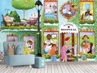 Animal Hospital Wall Mural, as seen in this playroom, is a cute vet wallpaper with a diverse array of humans and animals at a veterinary clinic from About Murals.