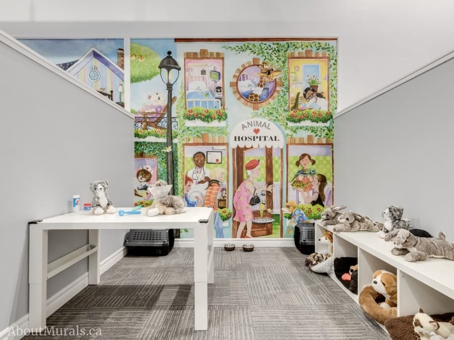 Animal Hospital Wall Mural, as seen in this indoor playground, features animals like a giraffe, cow, alligator, cat, zebra and pig at the vet. Kids wallpaper sold by AboutMurals.ca.