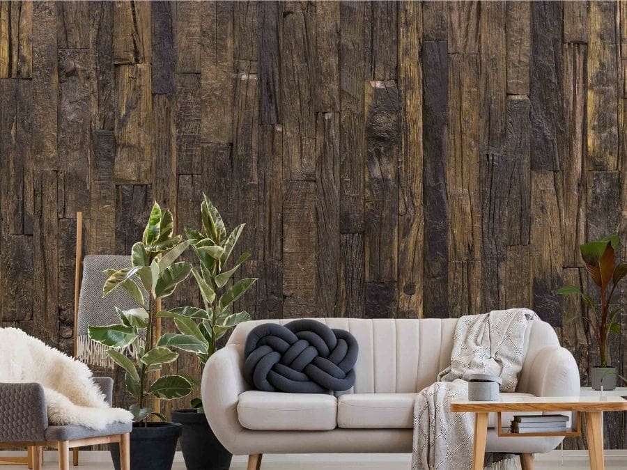 Antique Wood Wall Mural, as seen in this cream living room, is a vintage wood wallpaper from About Murals.