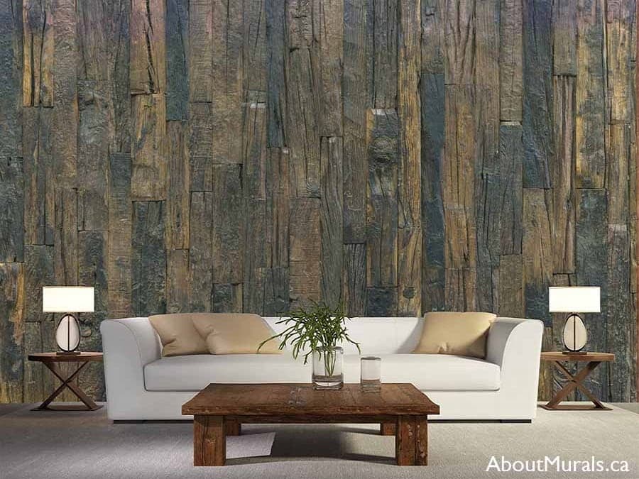 Antique Wood Wall Mural, as seen on the wall of this living room, is a wood wallpaper with realistic brown planks from About Murals.