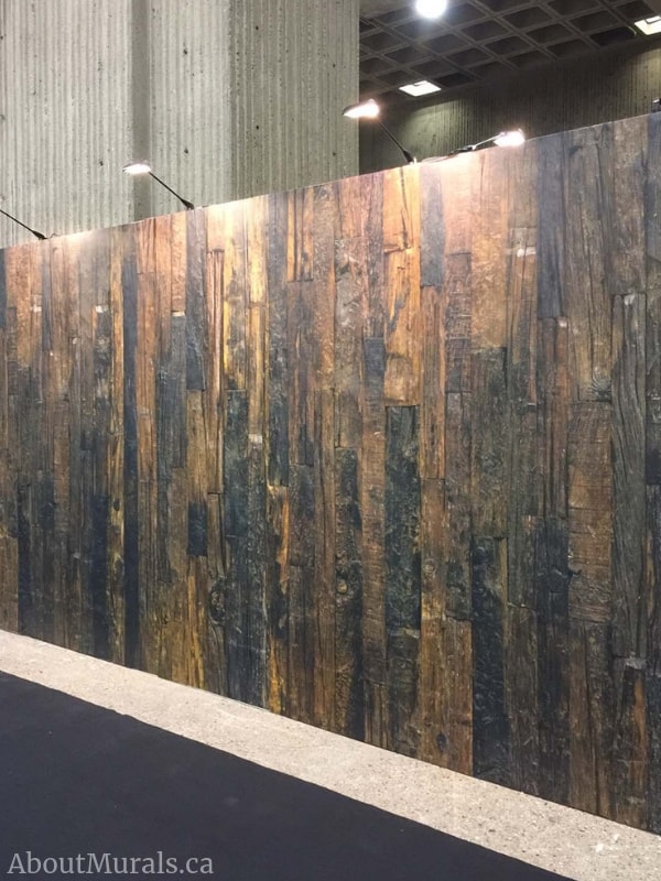 An antique wood wall mural at a trade show. Removable wallpaper sold by AboutMurals.ca.