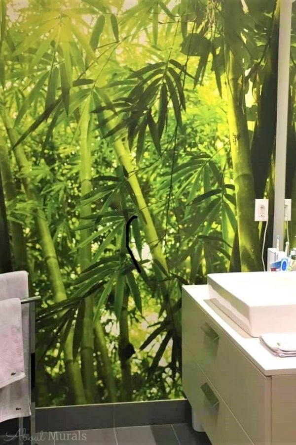 Asian Bamboo Forest Wall Mural, as seen in this bathroom, features green tropical trees. Forest wallpaper sold by AboutMurals.ca.