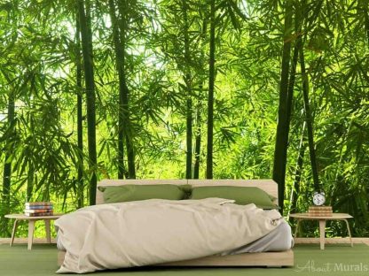 Asian Bamboo Forest Wall Mural, as seen in this bedroom, feels organic with its tropical green trees. Forest wallpaper sold by AboutMurals.ca.