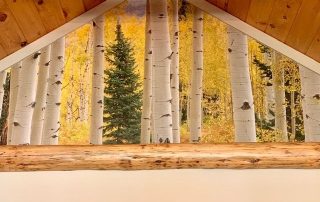 Aspen Forest Wallpaper, as seen in this alcove, features white aspen trees against yellow autumn foliage. Autumn forest wallpaper sold by AboutMurals.ca.