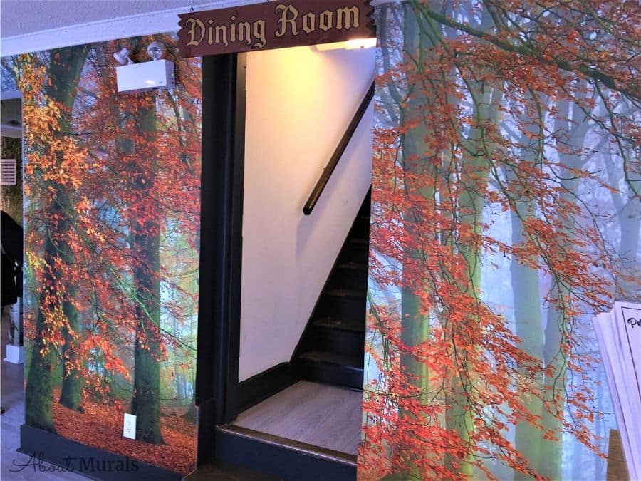 Autumn Season Wallpaper, as seen on the wall of this hallway, is a photo wallpaper of dark orange trees arching over a natural trail in a misty forest from About Murals.
