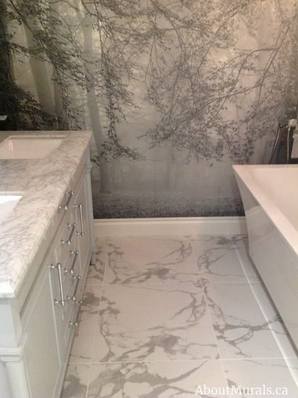 Autumn is Here Wall Mural Black and White in a marble bathroom, sold by AboutMurals.ca