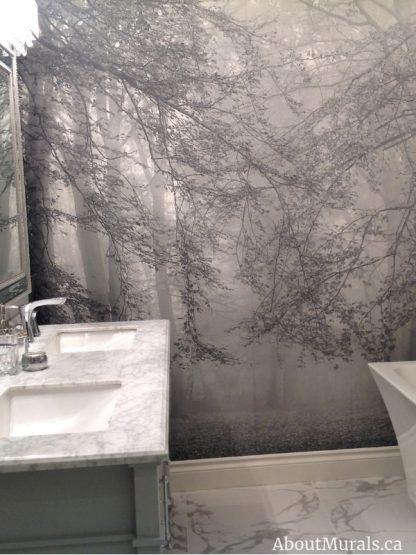 Autumn is Here Wall Mural Black and White in a grey bathroom, sold by AboutMurals.ca
