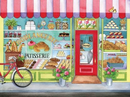 Bakery Wall Mural is a kids wallpaper featuring cupcakes, cookies, bread and baked goods in a boulangerie from About Murals.