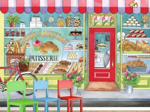 Bakery Wall Mural, as seen in this kids room, is a kids wallpaper featuring cakes, croissants, cookies and cupcakes in a shop from About Murals.
