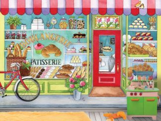 Bakery Wall Mural, as seen in this playroom, is a sweet kids wallpaper of a cake shop that sells cake, pastries, cookies, cupcakes, croissants and bread from About Murals.
