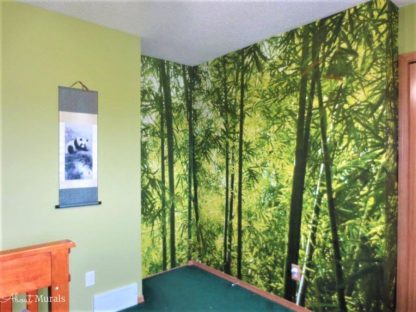 Asian Bamboo Forest Wall Mural, as seen in this bedroom, feels natural with its green trees in a jungle. Forest wallpaper sold by AboutMurals.ca.