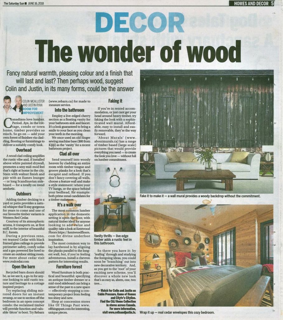 Barn Doors Wall Mural, as seen in this Toronto Sun article, features the side of a rustic wooden barn atop a rock foundation. Wood wallpaper sold by AboutMurals.ca.