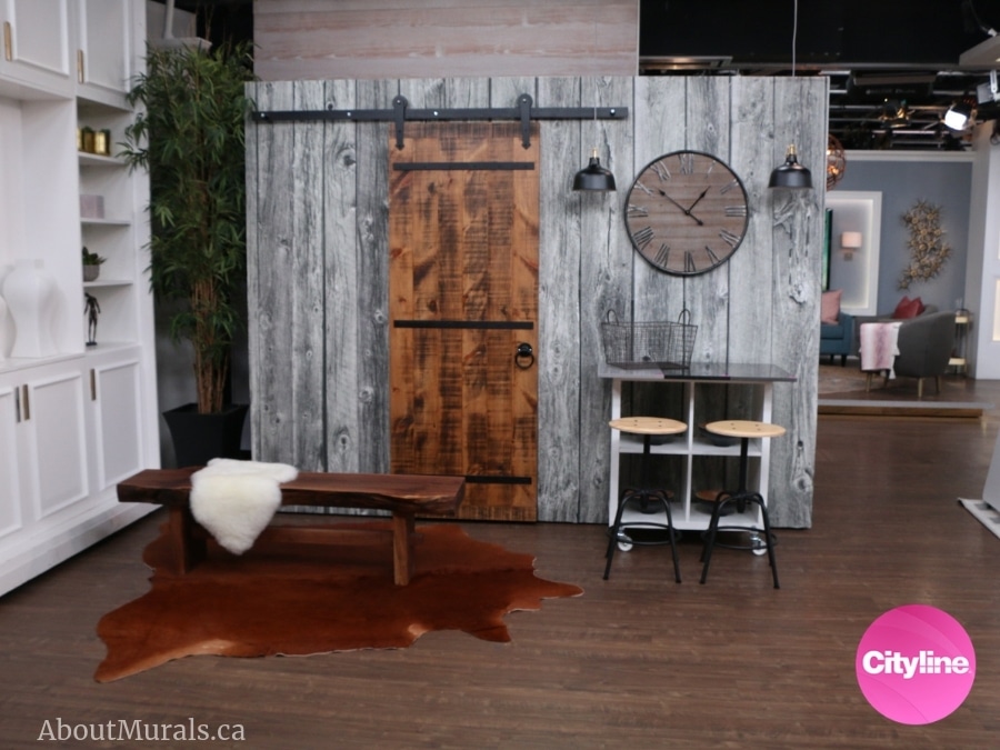 A Cityline set features AboutMurals.ca Barn Wood Wall Mural BW
