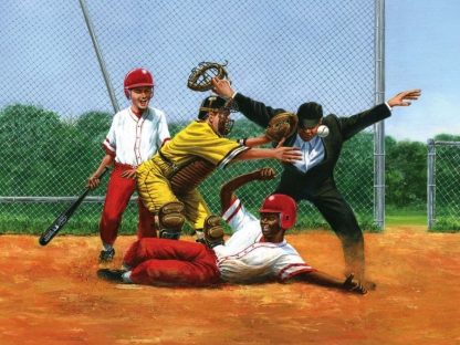 Baseball Wall Mural is a kids wallpaper featuring a boy sliding into home in a dusty diamond from About Murals.