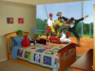 Baseball Wall Mural, as seen in this bedroom, is a kids wallpaper featuring a boy sliding into home in a dusty diamond from About Murals.