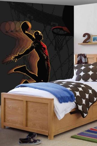 Basketball Wall Mural, as seen in this bedroom, is a black and orange sports wallpaper featuring a player making a sick slam dunk into a basket from About Murals.