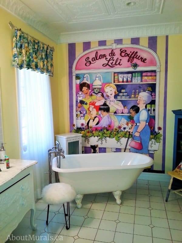 Beauty Salon Wall Mural, as seen in this bathroom, features girls getting their hair done by hairdressers. Kids wallpaper sold by AboutMurals.ca