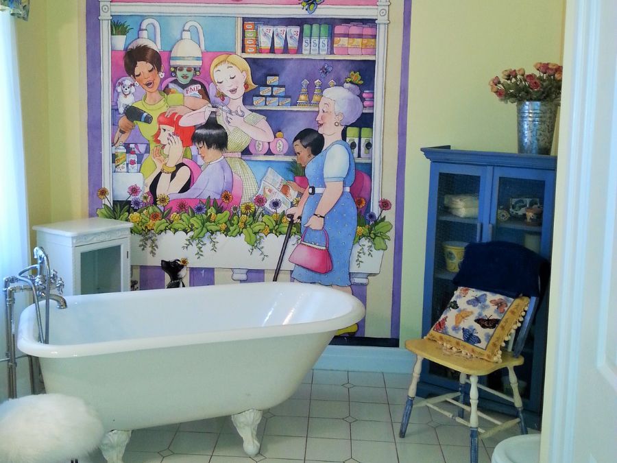 Beauty Salon Wall Mural, as seen on the wall of this children's bathroom, is a kids wallpaper featuring hair stylists cutting hair in a purple and yellow beauty shop from About Murals.