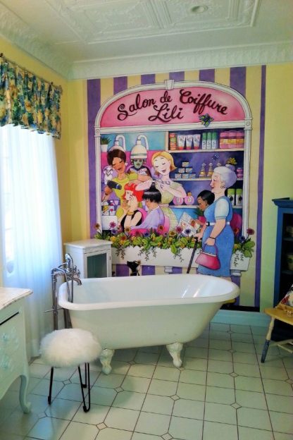 Beauty Salon Wall Mural, as seen in this kids bathroom, is a children’s wallpaper featuring hairdressers styling hair alongside whimsical animals like a skunk, poodle and butterfly from About Murals.
