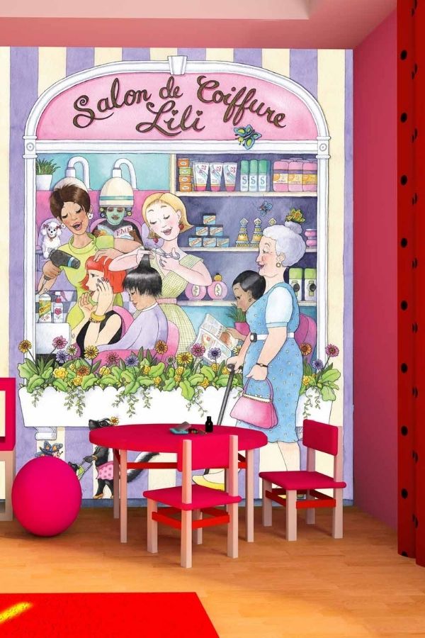 Beauty Salon Wall Mural is a kids wallpaper featuring girls getting their hair done in a hair salon from About Murals.