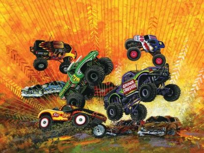 Monster Truck Wallpaper is a kids mural featuring trucks performing freestyle stunts over an orange background from About Murals.