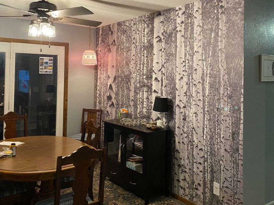 Birch Tree Forest Black and White Wall Mural, as seen on the wall of this kitchen, is a photo mural of tall trees in a grey forest from About Murals.