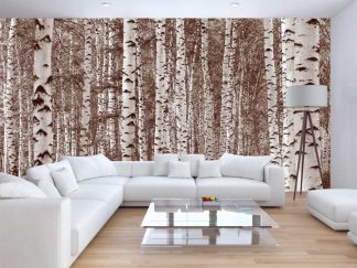 Birch Tree Forest Sepia Wall Mural, as seen in this living room, is a brown birch forest wallpaper with tall, rich trees from About Murals.