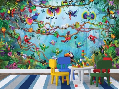 Birds Paradise Wall Mural, as seen in this kids room, is a cute bird wallpaper with tropical parrots, toucans, cockatoos and butterflies in a lush jungle from About Murals.