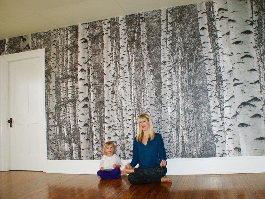 Black and White Birch Tree Wallpaper, as seen on the wall of this yoga studio, is a photo mural of textured tree trunks in a forest from About Murals.