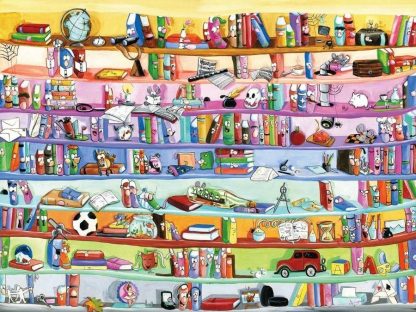 Bookcase Wall Mural is a kids book wallpaper featuring colourful balls, globes, toys, gadgets and books from About Murals.