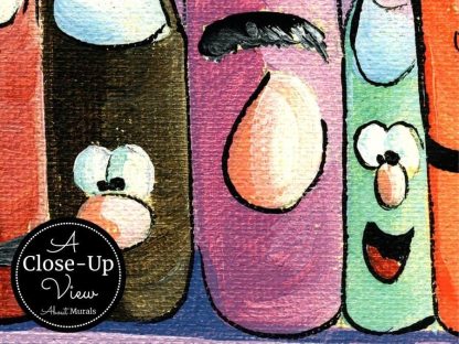 A close-up of whimsical books with funny faces in a bookcase wall mural from About Murals.