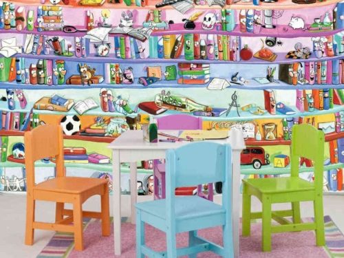 Bookcase Wall Mural, as seen in this playroom, is a kids wallpaper featuring whimsical books, toys and trinkets from About Murals.