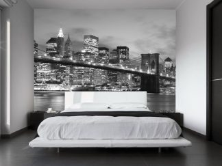 Brooklyn Bridge at Night Black and White Wall Mural, as seen in this bedroom, is a cityscape wallpaper from About Murals.