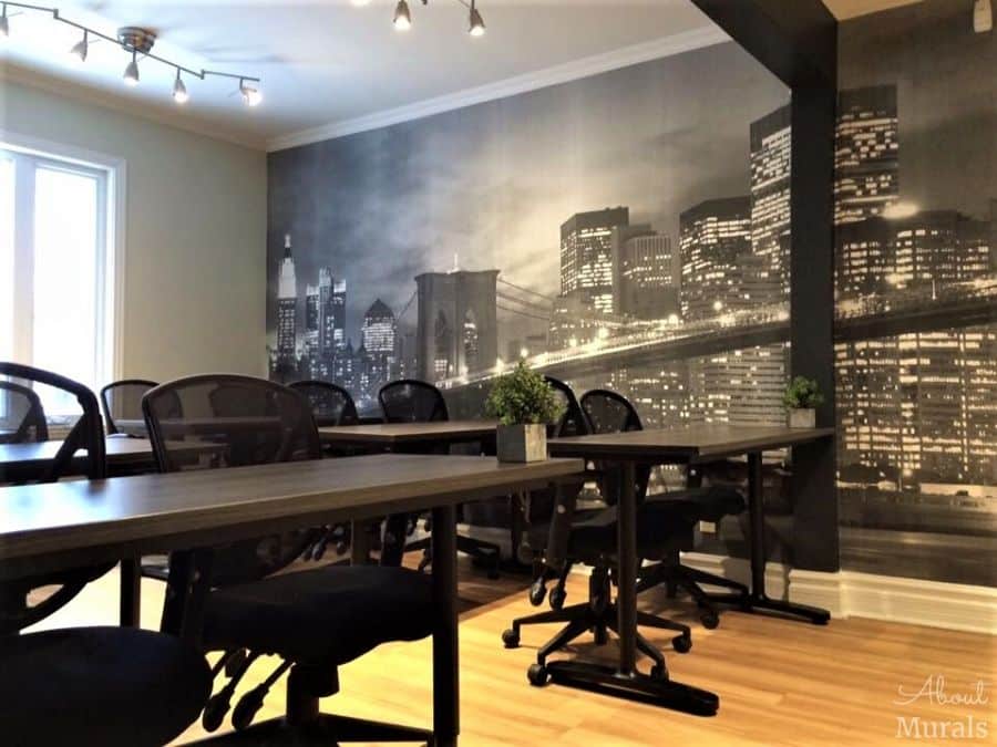 NYC Bridge Wallpaper, as seen in this office, features the icon New York bridge and skyline. Cityscape wallpaper from AboutMurals.ca.
