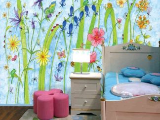 Butterfly Garden Wallpaper, as seen on the wall of this kids room, features butterflies, dragonflies, ladybugs, bumble bees and frogs in a whimsical blue garden from About Murals.