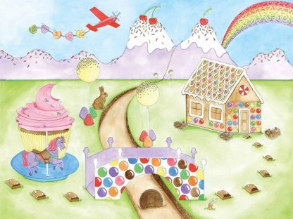 Candyland Wallpaper Mural features a cute design for children's walls of ice cream mountains, rainbow of candies, lollipop trees, gingerbread house, cupcake carousel, chocolate stepping stones and candy bridge from About Murals.