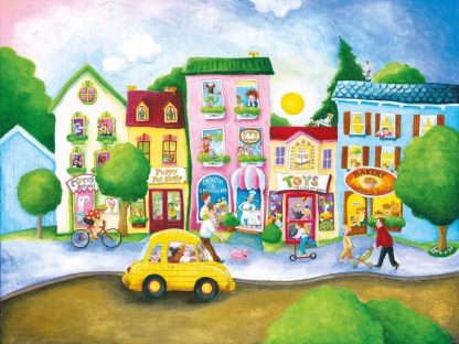 Children’s Town Wallpaper Mural is a kids mural with people and pets walking down a street in a village with a circus school, pet shop, candy store, toy shop and bakery from About Murals.