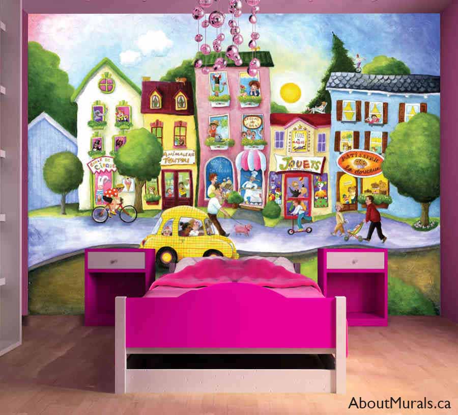 Children’s Town Wallpaper Mural, as seen on the wall of this bedroom, is a kids wall mural of people walking pets and cars driving past colorful shops from About Murals.