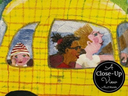 Close up view of people driving in a whimsical car in Children’s Town Wallpaper Mural from About Murals.
