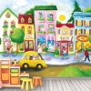 Children’s Town Wallpaper Mural, as seen on the wall of this playroom, features a cartoon town with a circus school, pet shop, candy store, toy shop and bakery from About Murals.