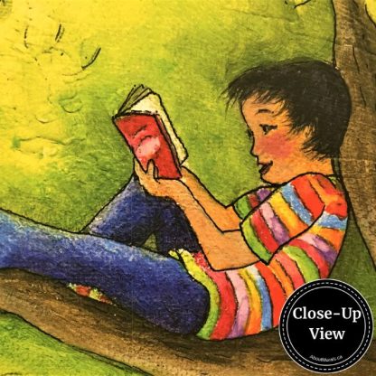 A close-up of a child reading a book in Children's Tree Wall Mural from About Murals.